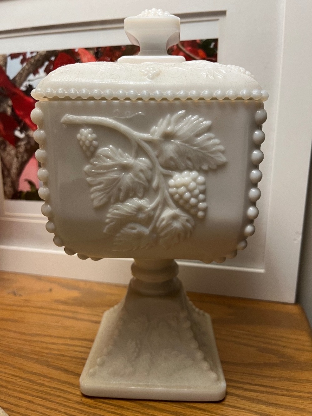 Vintage covered milk glass candy pedestal